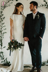 Kateprom Sheath Cap Sleeves Long Wedding Dress, Simple Open Back Bridal Dresses KPW0552