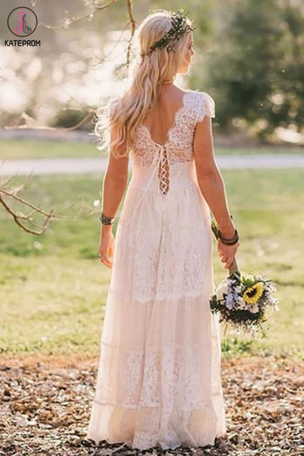 Kateprom A-Line V Neck Floor Length Cap Sleeves Lace Beach Wedding Dre kateprom Kateprom A-Line V Neck Floor Length Cap Sleeves Lace Beach Wedding Dre kateprom