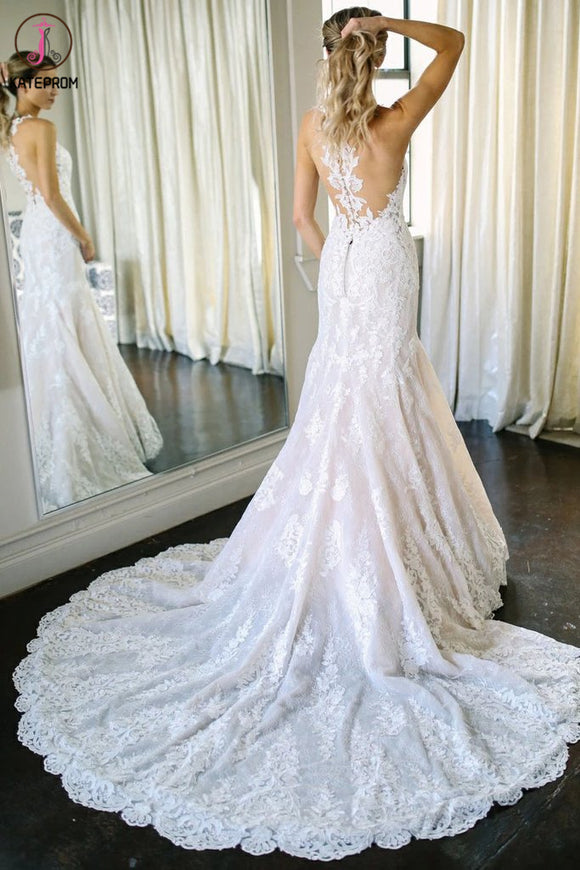 Kateprom Mermaid Round Neck Sleeveless Lace Wedding Dress with Appliques KPW0555