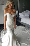 Kateprom Gorgeous Mermaid Off the Shoulder Wedding Dress with Lace Appliques Pearls KPW0556