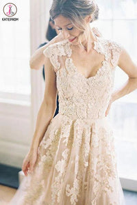 Elegant V-neck Sleeveless Cap Sleeves Floor-Length Wedding Dress with Lace Appliques KPW0558