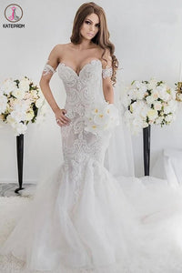 Charming Mermaid Style Off-the-Shoulder Sweep Train Lace Wedding Dress KPW0559