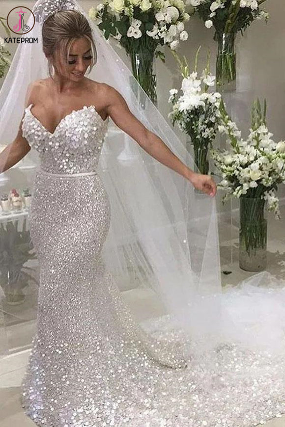 Gorgeous Mermaid Sweetheart Chapel Train Silver Sequined Wedding Dress KPW0560
