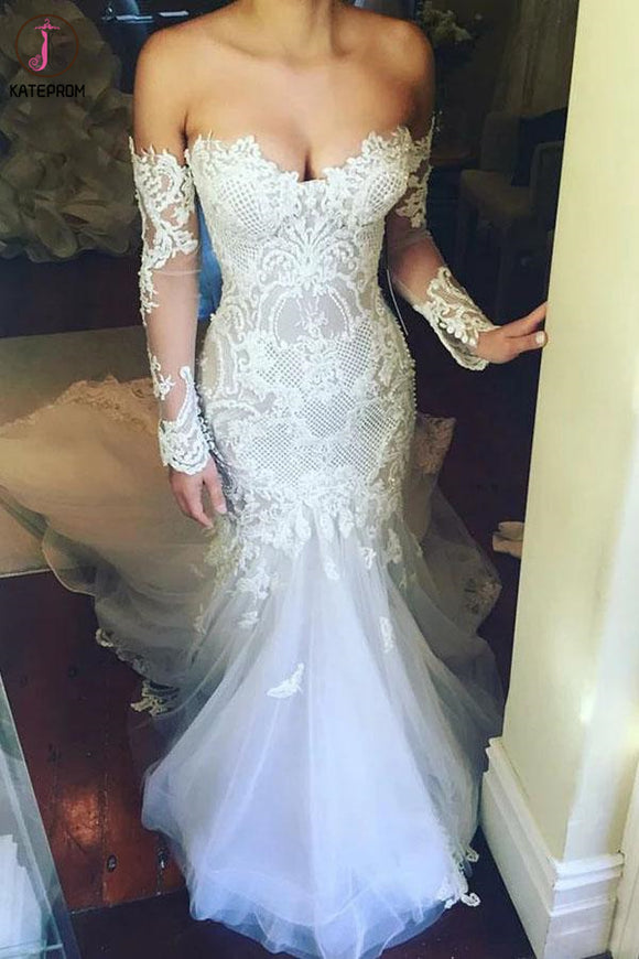 Mermaid Sweetheart Long Sleeves Court Train Tulle Wedding Dress with Appliques KPW0561
