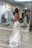 Spaghetti Straps Mermaid V Neck Backless Lace Wedding Dresses with Train KPW0563