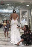 Spaghetti Straps Mermaid V Neck Backless Lace Wedding Dresses with Train KPW0563