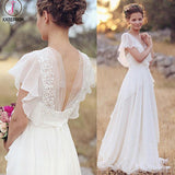 Ivory V Neck Chiffon Boho Wedding Dress, Unique Cap Sleeves Beach Wedding Dress with Ruffles KPW0564