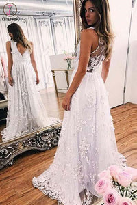A Line V Neck Sleeveless Lace Wedding Dress, Long Bridal Dress with Lace KPW0566