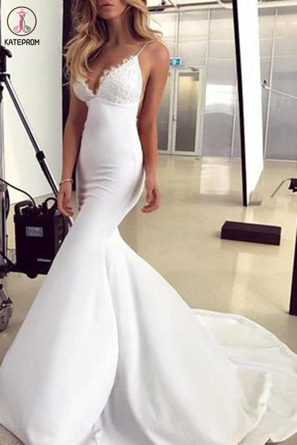 Spaghetti Straps Mermaid Wedding Dress with Lace Appliques, Sexy Backless Bridal Dresses KPW0567