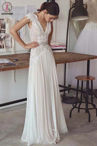 Unique V Neck Cap Sleeves Chiffon Beach Wedding Dress with Beading Waist KPW0569