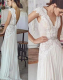 Unique V Neck Cap Sleeves Chiffon Beach Wedding Dress with Beading Waist KPW0569