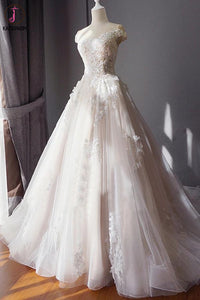 Stunning Off the Shoulder Tulle Wedding Dress with Lace Applique, Bridal Dress with Long Train KPW0570