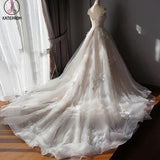 Stunning Off the Shoulder Tulle Wedding Dress with Lace Applique, Bridal Dress with Long Train KPW0570