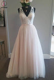 Light Pink V Neck Sleeveless Tulle Beach Wedding Dress with Lace Applique, A Line Bridal Dress KPW0571