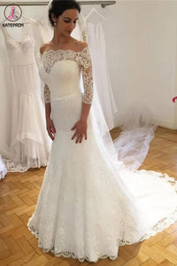 Elegant Off the Shoulder Lace Wedding Dress with 3/4 Sleeves, Mermaid Bridal Dresses KPW0572
