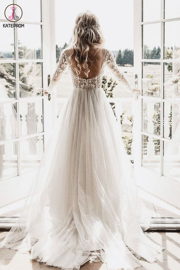 Chic A-line Long Sleeve Lace See Through Wedding Dresses Backless Coun kateprom Chic A-line Long Sleeve Lace See Through Wedding Dresses Backless Coun kateprom