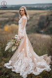 See Through Long Sleeves Boho Wedding Dress with Lace Appliques KPW0575