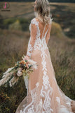 See Through Long Sleeves Boho Wedding Dress with Lace Appliques KPW0575