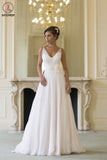 Floor Length V Neck Sleeveless Chiffon Beach Wedding Dress with Flowers KPW0577