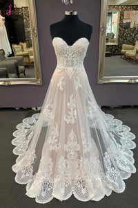 A Line Sweetheart Sleeveless Lace Appliqued Beach Wedding Dress, Cheap Bridal Dress KPW0578