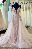 Spaghetti Straps Deep V Neck Tulle Prom Dress with Lace Appliques, Bridal Dresses KPW0579