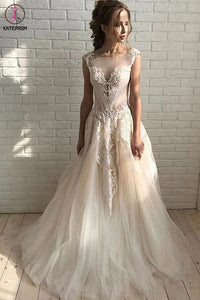 Ivory Elegant Sheer Neck Cap Sleeves Tulle Beach Wedding Dress with Lace Applique KPW0581