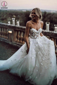 Hot Selling Sweetheart Wedding Dress with Flowers, A Line Tulle Wedding Dress with Appliques KPW0582