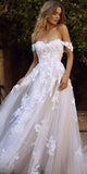 White Off Shoulder Tulle Lace Appliqued Beach Wedding Dress, Romantic Bridal Dresses KPW0583