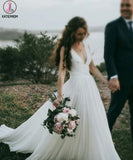 Fairy A-line V Neck Sleeveless Chiffon Beach Wedding Dresses With Button, Simple Bridal Dress KPW0584