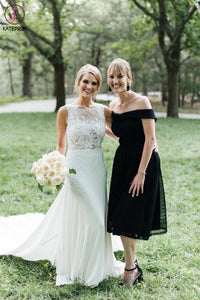 Chic Sleeveless Long Wedding Dress with Lace Appliques, Long Train Beach Wedding Dress KPW0585