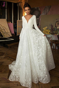 A Line Long Sleeves V Neck Beach Wedding Dress, Elegant Long Bridal Dresses KPW0587