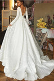 A Line Long Sleeves V Neck Beach Wedding Dress, Elegant Long Bridal Dresses KPW0587