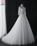 Romantic 3/4 Sleeves Illusion Neckline Lace Appliqued Wedding Dresses KPW0589