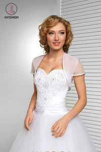Kateprom White Short Sleeve Wedding Bolero Bridal Cape, Organza Wedding Wraps KPJ0018