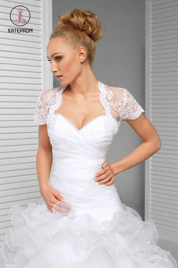 Kateprom Cheap Short Sleeve Scalloped Top Lace Bridal Jacket, Lace Wedding Wraps Jacket KPJ0003