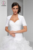 Kateprom White Appliqued Short Sleeve Satin Bridal Shrug, Satin Short Sleeves Wedding Jacket, Wedding Wraps KPJ0009