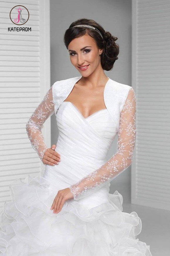 Kateprom Cheap Sheer Tulle Long Sleeve Embroidery White Wedding Wraps, Bridal Jacket KPJ0002