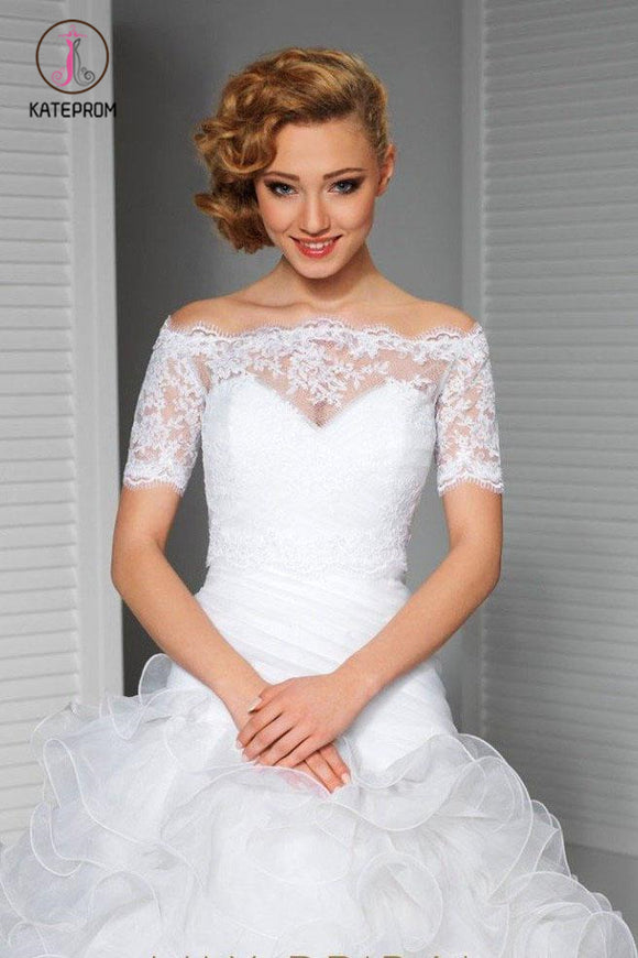 Kateprom Short Sleeve Off-the-Shoulder White Lace Bridal Jacket, Bridal Shawl, Wedding Wraps KPJ0007