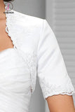 Kateprom White Appliqued Short Sleeve Satin Bridal Shrug, Satin Short Sleeves Wedding Jacket, Wedding Wraps KPJ0009