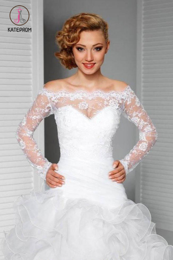 Kateprom Lace Appliqued Long Sleeve Off-the-Shoulder Wedding Wraps Bridal Shawl, Sexy Wedding Shawl KPJ0004