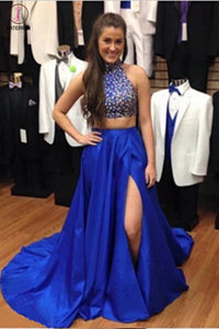 Two Pieces Royal Blue Beaded Long Prom Evening Dresses KPP0036