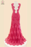 Deep V-neck Fuchsia Mermaid Long Lace Prom Dresses KPP0035
