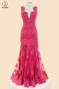 Deep V-neck Fuchsia Mermaid Long Lace Prom Dresses KPP0035
