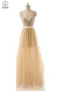 Deep V-neck Beaded Modest Long Prom Evening Dresses KPP0034