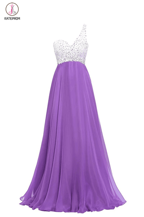 Purple One Shoulder Beaded Long Prom Dresses KPP0033