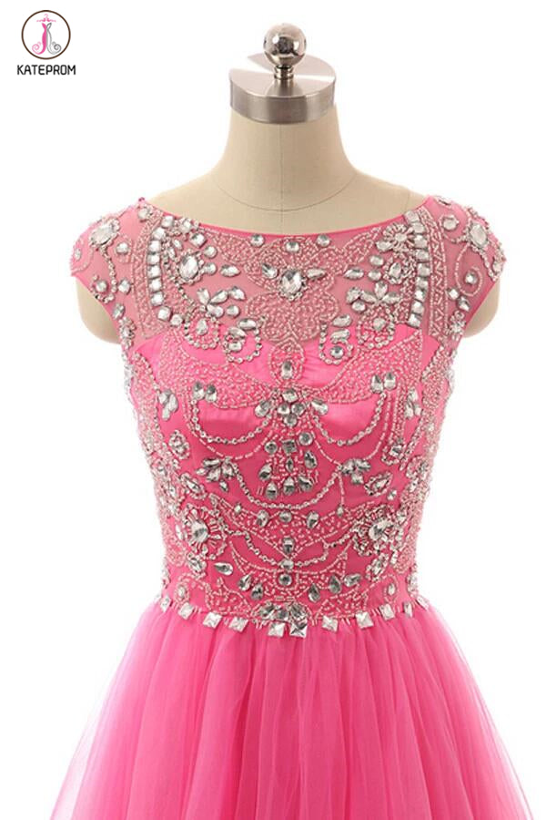strapless open back dress Hot Pink Beaded Long Zipper Modest Evening Prom Dresses KPP0032 – kateprom