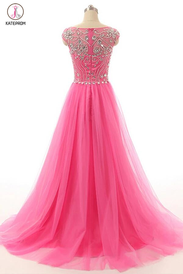 Hot Pink Beaded Long Zipper Modest Evening Prom Dresses KPP0032 – kateprom