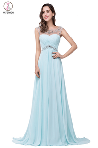 Light Sky Blue Backless Chiffon Long Beaded Prom Dresses KPP0028