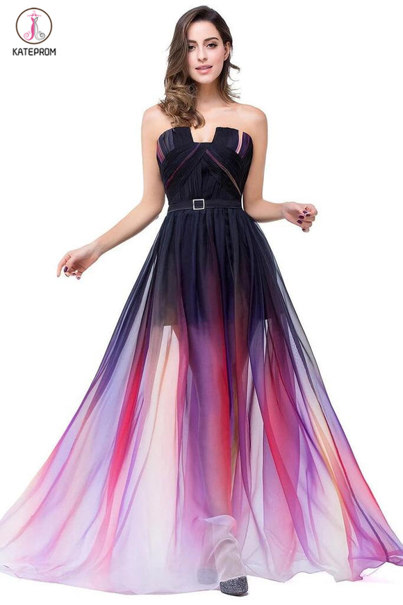 A-line Ombre Notched Backless Long Gradient Chiffon Modest Prom Dresses KPP0027