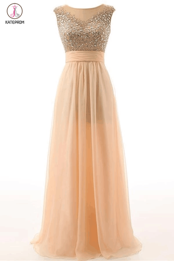 Long Beaded A-line Open Back Elegant Prom Dresses KPP0024